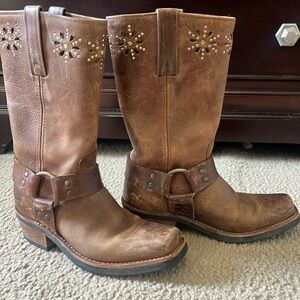 Frye Brown Leather Western Boots with Studded Design